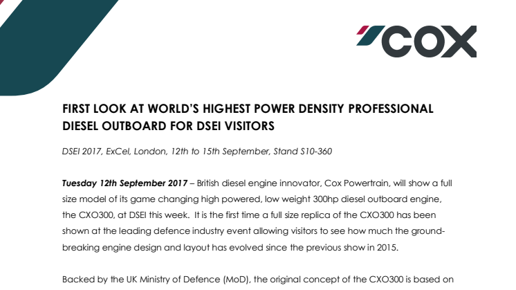 Cox Powertrain - DSEI: First Look at World's Highest Power Density Professional Diesel Outboard for DSEI Visitors