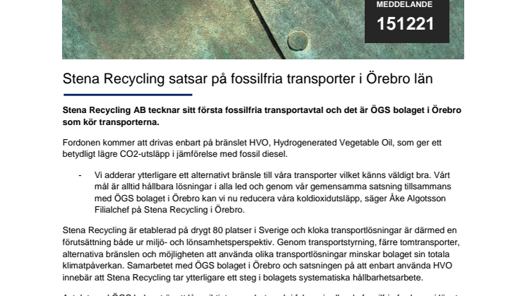 Stena Recycling satsar på fossilfria transporter i Örebro län