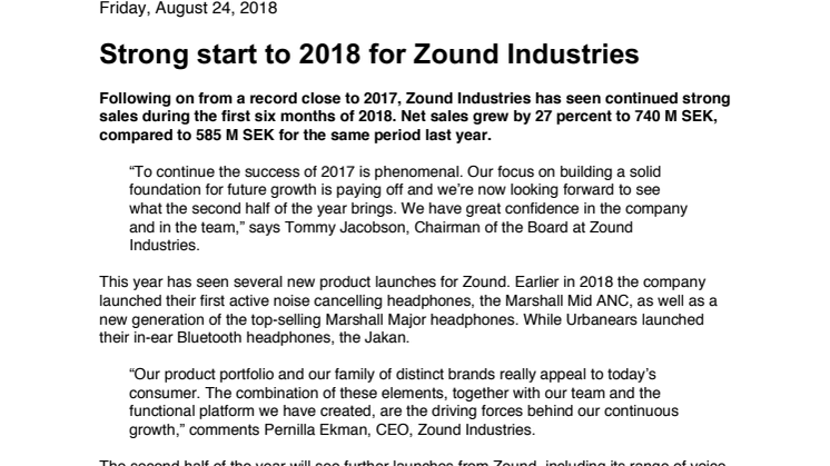 Strong start to 2018 for Zound Industries