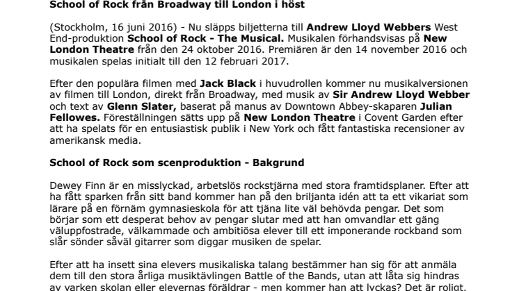 School of Rock från Broadway till London i höst
