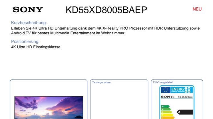 Datenblatt BRAVIA KD-55XD8005BAEP von Sony