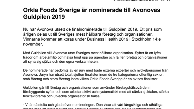 Orkla Foods Sverige är nominerade till Avonovas Guldpilen 2019
