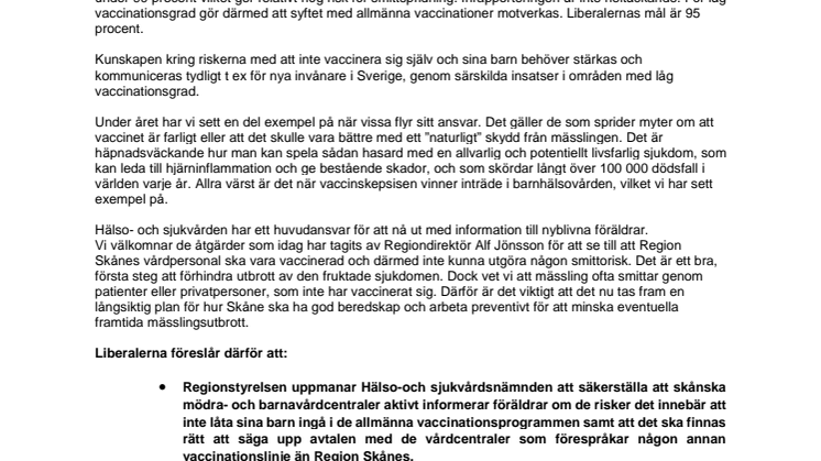 L: Region Skåne behöver långsiktig plan mot mässlingsutbrott