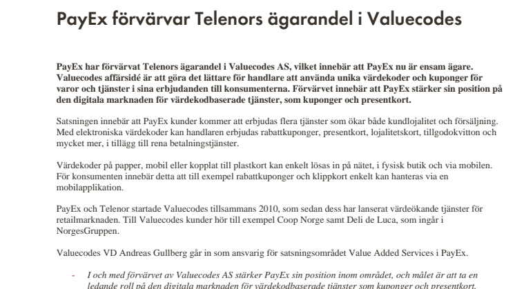 PayEx förvärvar Telenors ägarandel i Valuecodes