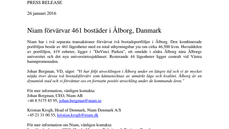 Niam förvärvar 461 bostäder i Ålborg, Danmark