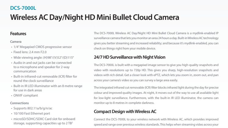 Produktblad - D-Link Wireless AC Day/Night HD Mini Bullet Cloud Camera (DCS-7000L)