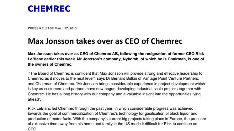 Max Jonsson takes over as CEO of Chemrec