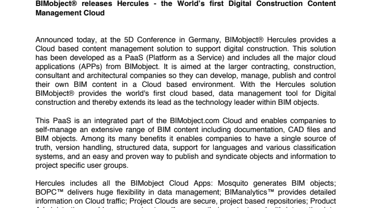 BIMobject® releases Hercules - the World’s first Digital Construction Content Management Cloud
