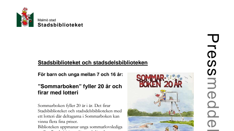 Stadsbiblioteket och stadsdelsbiblioteken i Malmö: "Sommarboken" fyller 20 år och firar med lotteri