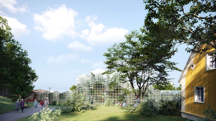 Bygglov för nybyggnad av växthus och besökscenter samt rivning av befintliga växthus på Änggården. Illustration: Cobe