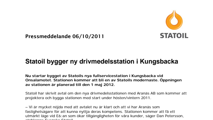 Statoil bygger ny drivmedelsstation i Kungsbacka 