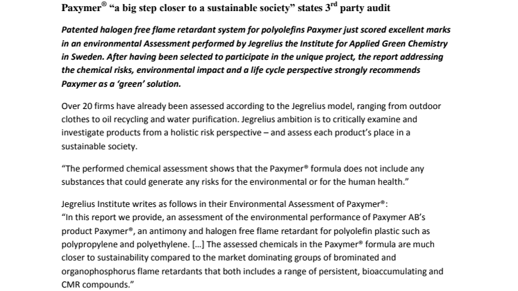 Paxymer “a big step closer to a sustainable society” states 3rd party audit