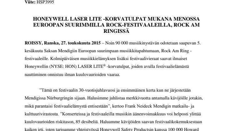 Honeywell LASER LITE -korvatulpat mukana menossa Euroopan suurimmilla rock-festivaaleilla, Rock am Ringissä 