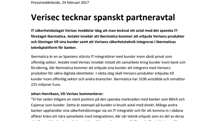 Verisec tecknar spanskt partneravtal