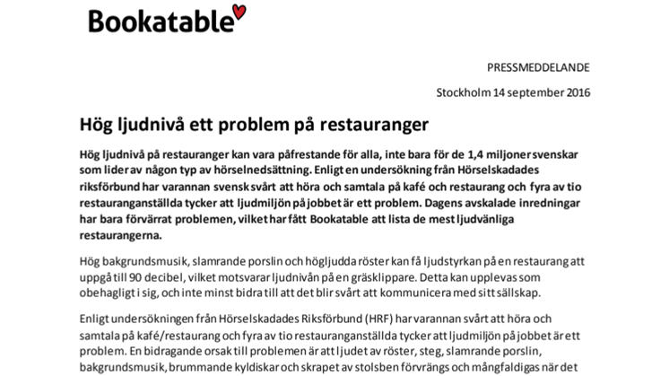 Hög ljudnivå ett problem på restauranger 