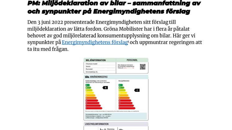 PM Miljödeklaration av bilar - sammanfattning av och synpunkter på Energimyndighetens förslag.pdf