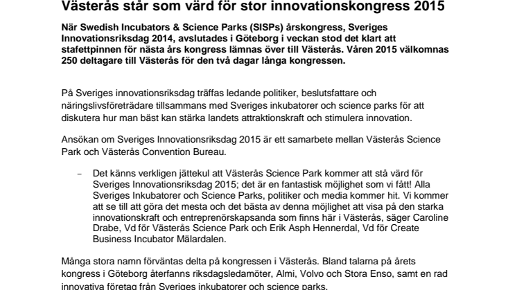 Västerås står som värd för stor innovationskongress 2015