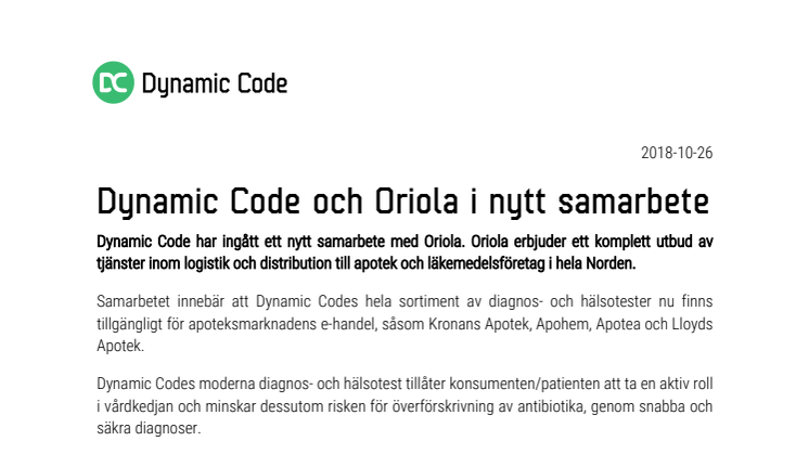 Dynamic Code och Oriola i nytt samarbete 