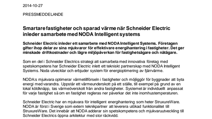 Smartare fastigheter och sparad värme när Schneider Electric inleder samarbete med NODA Intelligent systems