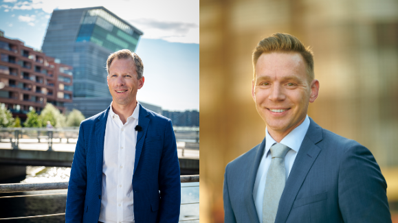 Kjartan Brurås Solvi, administrerende direktør i Unimicro, og Runar Leite, administrerende direktør i Azets Norge