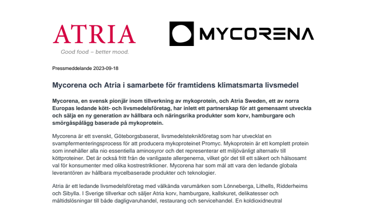 PDF: Mycorena och Atria i samarbete för framtidens klimatsmarta livsmedel 
