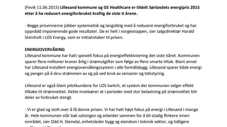 Sørlandets energipris 2015: Lillesand og GE Healthcare til topps
