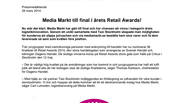 Media Markt till final i årets Retail Awards!