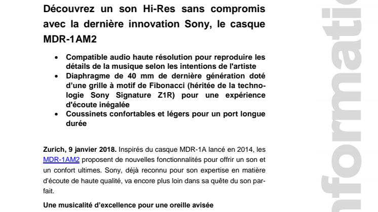 Découvrez un son Hi-Res sans compromis avec la dernière innovation Sony, le casque MDR-1AM2