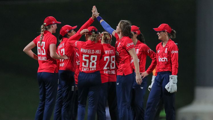 England Women celebrate at the Sir Vivian Richards Stadium, Antigua. CREDIT: CWI Media 