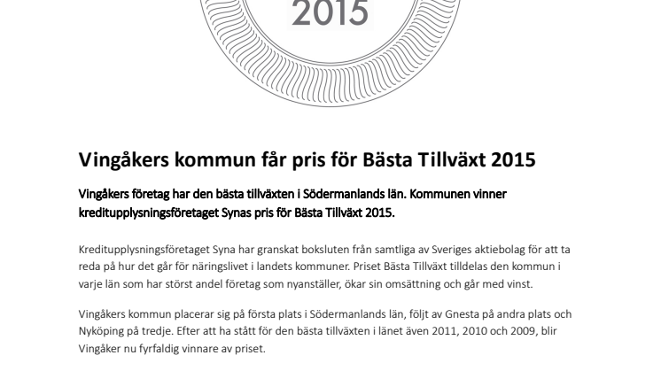 Vingåkers kommun får pris för Bästa Tillväxt 2015