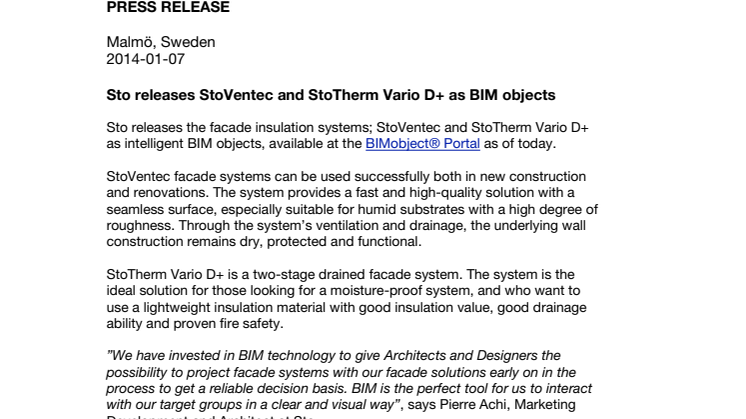 Sto releases StoVentec and StoTherm Vario D+ as BIM objects