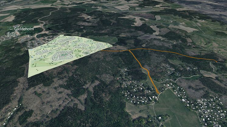 Visualisering som visar tänkta Frösåkersvägen från nya bostadsområdet Malmbacken i Gäddeholm till Kärrbolandet. Detaljplanen som visar hur vägen kan byggas väntas nu skickas på granskning. Illustration karta: Västerås stad   