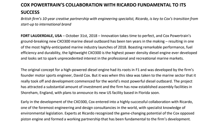 Fort Lauderdale International Boat Show - Cox Powertrain: Cox Powertrain's Collaboration with Ricardo Fundamental to its Success