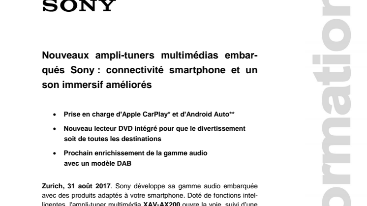 Nouveaux ampli-tuners multimédias embarqués Sony : connectivité smartphone et un son immersif améliorés