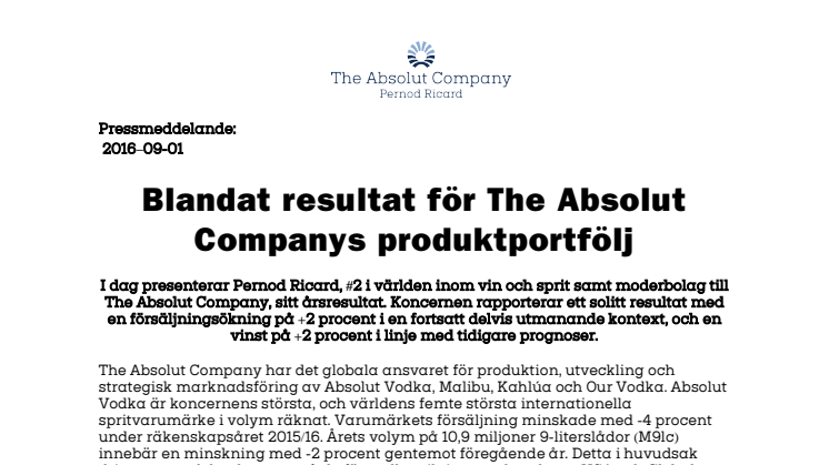 Blandat resultat för The Absolut Companys produktportfölj