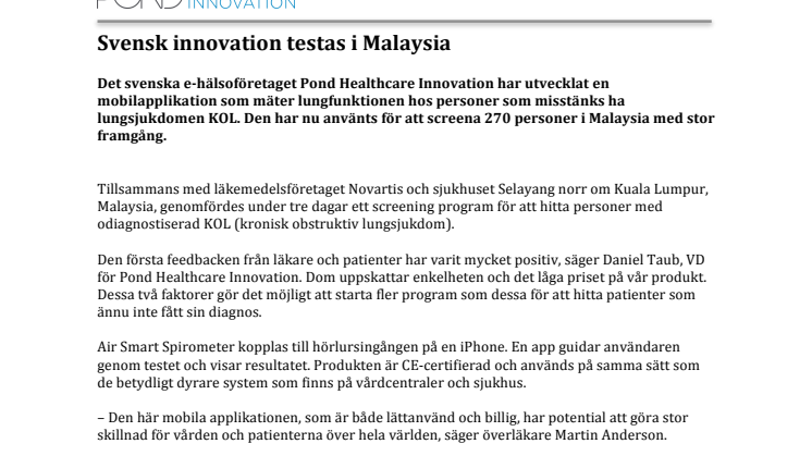 Svenska innovation Air Smart Spirometer testas i Malaysia