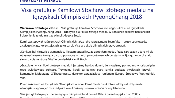 Visa gratuluje Kamilowi Stochowi złotego medalu na Igrzyskach Olimpijskich PyeongChang 2018
