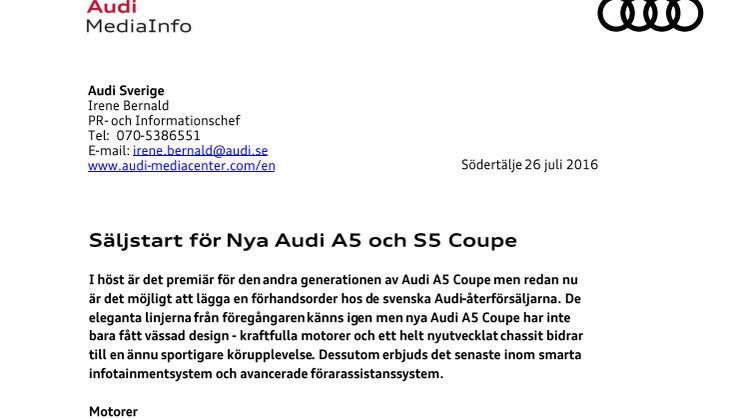 Säljstart för Nya Audi A5 och S5 Coupe