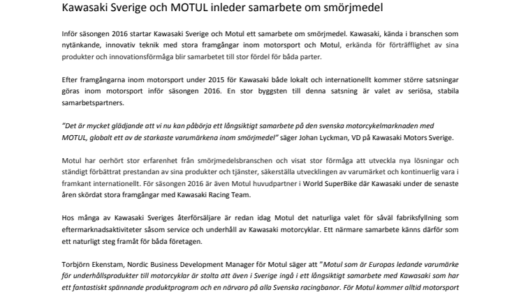 Kawasaki Sverige och MOTUL inleder samarbete om smörjmedel