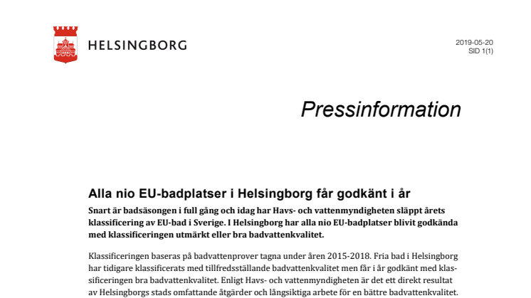 Alla nio EU-badplatser i Helsingborg får godkänt i år