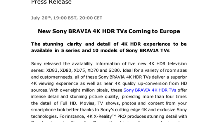 Sony julkaisee viisi uutta BRAVIA 4K HDR Android  -televisioita