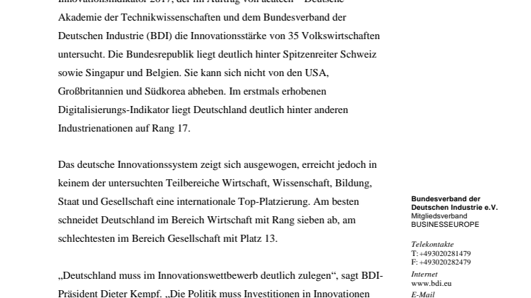 Innovationsindikator 2017: Deutschland auf Platz vier von 35, bei der Digitalisierung nur Rang 17