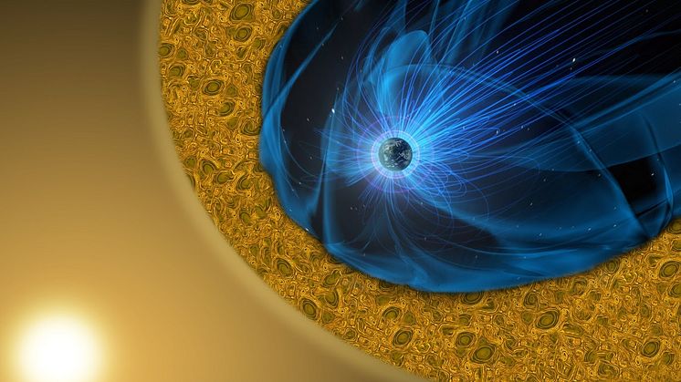 Jorden omringas av en magnetisk bubbla, magnetosfären (blå). När den träffas av laddade partiklar från solen, solvinden, uppstår ett turbulent skikt (gult). MMS studerar dessa processer. Bild: NASA Goddard Space Flight Center/Mary Pat Hrybyk-Keith