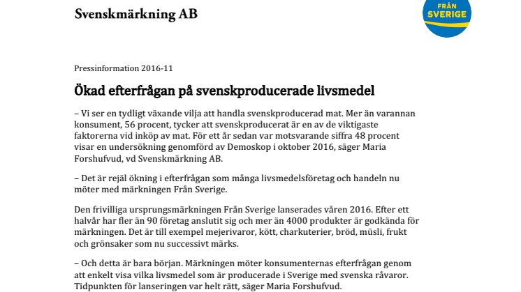 Ökad efterfrågan på svenskproducerade livsmedel