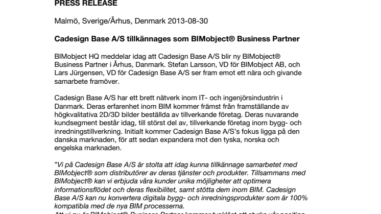 Cadesign Base A/S tillkännages som BIMobject® Business Partner