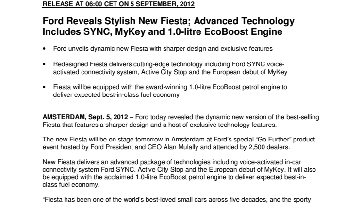 Ford Reveals Stylish New Fiesta; Advanced Technology Includes SYNC, MyKey and 1.0-litre EcoBoost Engine