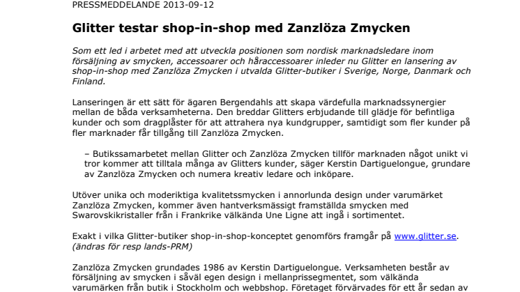 Glitter testar shop-in-shop med Zanzlöza Zmycken