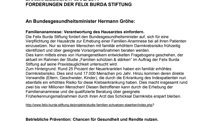 Die politischen Forderungen der Felix Burda Stiftung. Darmkrebsmonat März 2014