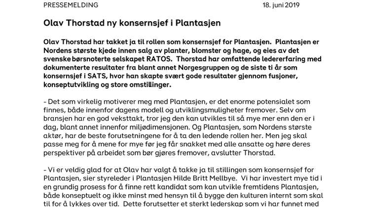 Olav Thorstad ny konsernsjef i Plantasjen