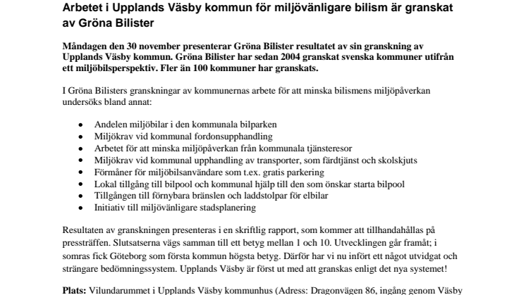 Arbetet i Upplands Väsby kommun för miljövänligare bilism är granskat av Gröna Bilister